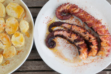 fresh octopus with potatoes in red paprika as diet food