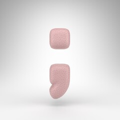 Semicolon symbol on white background. Pink leather 3D sign with skin texture.