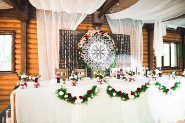 Interior of a restaurant prepared for wedding ceremony