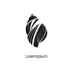 Seashell icon. A graphic symbol with a snail shell. Nautical sketch with linear texture. Black and white label with a conch.
