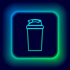 Glowing neon line Fitness shaker icon isolated on black background. Sports shaker bottle with lid for water and protein cocktails. Colorful outline concept. Vector.