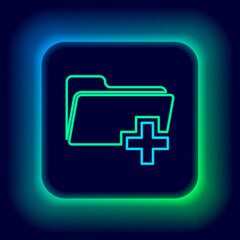 Glowing neon line Add new folder icon isolated on black background. New folder file sign. Copy document. Add attach create folder make new plus. Colorful outline concept. Vector.