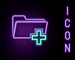 Obraz premium Glowing neon line Add new folder icon isolated on black background. New folder file sign. Copy document. Add attach create folder make new plus. Colorful outline concept. Vector.