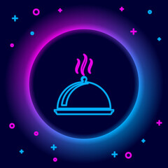 Glowing neon line Covered with a tray of food icon isolated on black background. Tray and lid. Restaurant cloche with lid. Kitchenware symbol. Colorful outline concept. Vector.