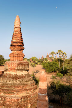 view to the ruins at the valley of Bagan with its ancient buddhist pagodas, Myanmar (Burma)