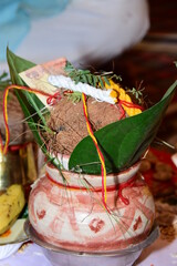 Beautiful view of the urn of Mati kept in the Indian wedding pavilion