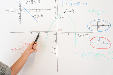 A person, presenter pointing with a marker in the hand during the presentation to data displayed on...