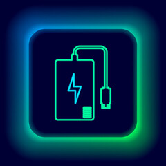 Glowing neon line Smartphone battery charge icon isolated on black background. Phone with a low battery charge. Colorful outline concept. Vector.
