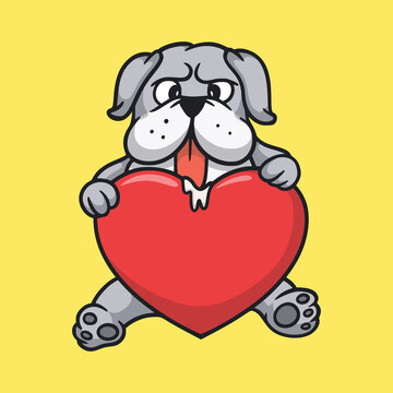 cartoon animal design bulldog embraces a heart symbol cute mascot logo