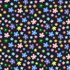 Fototapeta na wymiar Hand drawn colorful garden flowers dark vector seamless pattern