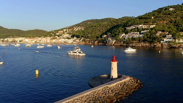 Aerial view, flight at Andratx, Port d'Andratx, coast and natural harbor at dusk, Malloca, Balearic Islands, Spain