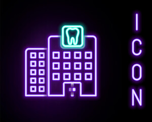 Glowing neon line Dental clinic icon isolated on black background. Dentistry center symbol. Colorful outline concept. Vector.