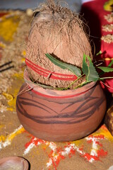 Beautiful view of the urn of Mati kept in the Indian wedding pavilion