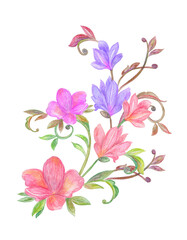 fancy floral ornament with abstract flowers and curly twigs. watercolor painting