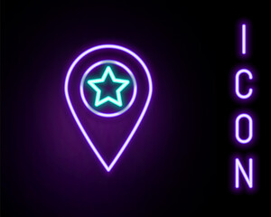 Glowing neon line Map pointer with star icon isolated on black background. Star favorite pin map icon. Map markers. Colorful outline concept. Vector.