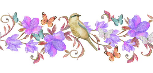 Fototapeta premium vintage seamless floral border. nice clever bird sitting on fancy branch with delicate flowers. watercolor painting