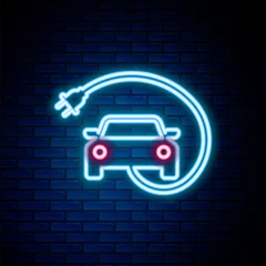 Foto op Canvas Glowing neon line Electric car and electrical cable plug charging icon isolated on brick wall background. Renewable eco technologies. Colorful outline concept. Vector. © vector_v
