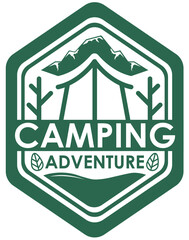 Green camping badge with tent and mountain logo