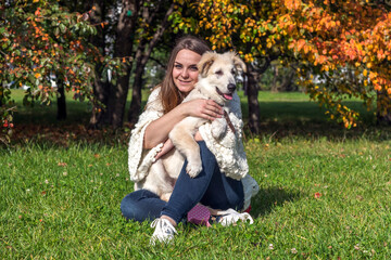 Beautiful caucasian woman in white sweater holds and strokes labrador puppy sitting on green grass in autumn city park on a sunny day during dog walking. The puppy is about 5 months old. Pets theme.