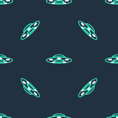 Line UFO flying spaceship icon isolated seamless pattern on black background. Flying saucer. Alien space ship. Futuristic unknown flying object. Vector.