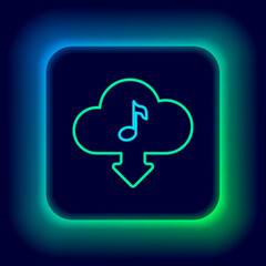 Glowing neon line Cloud download music icon isolated on black background. Music streaming service, sound cloud computing, online media streaming, audio wave. Colorful outline concept. Vector.
