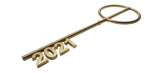 Happy New Year Background. Key with 2021. 3D illustration