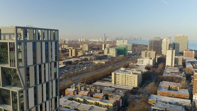 Aerial Truck Right Reveals Chicago Skyline in Distance