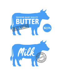 blue silhouette of cow with milk and butter