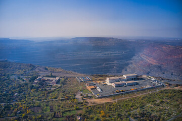 Aerial view of management building near a huge quarry at southern mining factory in Ukraine