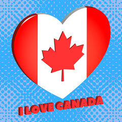3d white and red heart with highlights in the style of the Canadian flag. Maple leaf and inscription I love Canada. EPS10