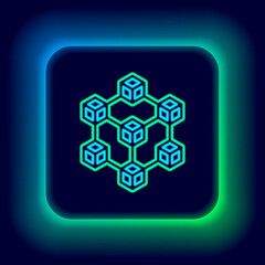 Glowing neon line Blockchain technology icon isolated on black background. Cryptocurrency data. Abstract geometric block chain network technology business. Colorful outline concept. Vector.