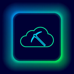 Glowing neon line Cryptocurrency cloud mining icon isolated on black background. Cloud with pickaxe, bitcoin, digital money market, cryptocoin wallet. Colorful outline concept. Vector.