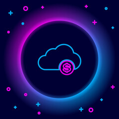 Glowing neon line Cryptocurrency cloud mining icon isolated on black background. Blockchain technology, bitcoin, digital money market, cryptocoin wallet. Colorful outline concept. Vector.