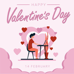 happy valentines day with worker illustration square banner