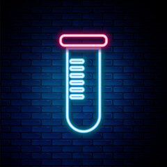 Glowing neon line Test tube or flask - chemical laboratory test icon isolated on brick wall background. Laboratory, scientific glassware sign. Colorful outline concept. Vector.