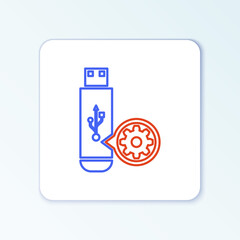 Line USB flash drive and gear icon isolated on white background. Adjusting app, service concept, setting options, maintenance, repair, fixing. Colorful outline concept. Vector.