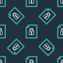 Line Document and lock icon isolated seamless pattern on black background. File format and padlock. Security, safety, protection concept. Vector.