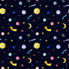 Seamless pattern with multicolored planets, stars, comets, meteorite. Watercolor hand-drawn elements. Children's illustration. Perfect for printing on  fabric, design package and cover, wrapping paper © Viktoria Skripkina