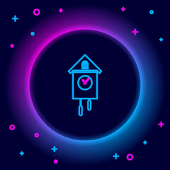 Glowing neon line Retro wall watch icon isolated on black background. Cuckoo clock sign. Antique pendulum clock. Colorful outline concept. Vector.