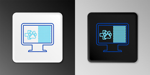 Line Medical clinical record pet on monitor icon isolated on grey background. Health insurance form. Prescription, medical check marks report. Colorful outline concept. Vector.
