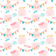 Festive Seamless pattern with garland of flags, candy and hearts.  Watercolor hand drawn background for party, holiday for children. Ideal for prints, greetings, invitations,  textile, wrapping paper.
