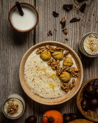 homemade rice pudding with roasted nuts
