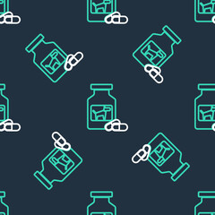 Fototapeta na wymiar Line Dog medicine bottle and pills icon isolated seamless pattern on black background. Container with pills. Prescription medicine for animal. Vector.