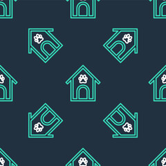 Fototapeta na wymiar Line Dog house and paw print pet icon isolated seamless pattern on black background. Dog kennel. Vector.