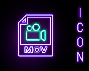 Glowing neon line MOV file document. Download mov button icon isolated on black background. MOV file symbol. Audio and video collection. Colorful outline concept. Vector.