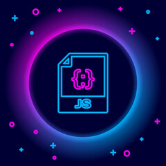 Glowing neon line JS file document. Download js button icon isolated on black background. JS file symbol. Colorful outline concept. Vector.