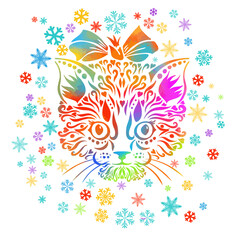 Fototapeta na wymiar Graphic stylized kitten face. Kitty with a bow. Vector illustration