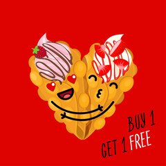 Bubble waffles in the shape of a heart on red background. Two Hong Kong waffles hugging each other. Cute kawaii bubble waffles with whipped cream. Creative concept offer for 14 February.
