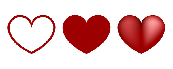 Hearts. Three Hearts in different design. Heart, isolated. Valentines day concept. Love. Vector illustration