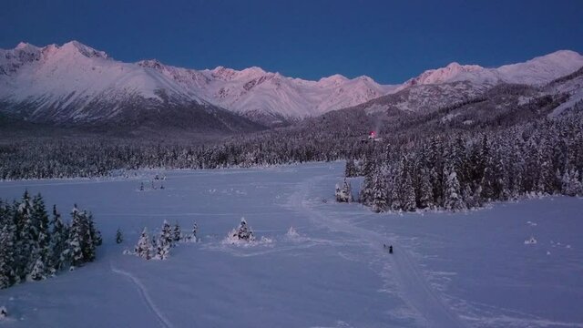 Dogsled Musher Racing Dogs down Snow Covered Trail with Golden Hour Mountains and Conifer Pine Trees - Aerial Drone Push (B)
